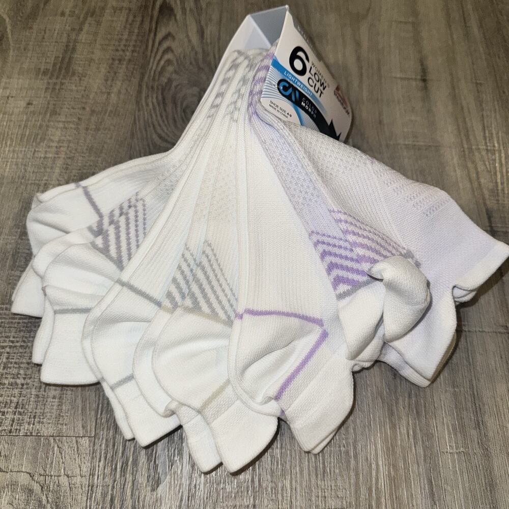 Reebok Women’s 6 Pair Low Cut Socks White Lavender Shoe Size 4-9 NWT